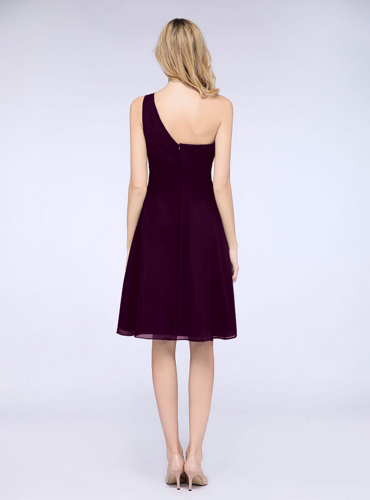 A-line One Shoulder Ruched Chiffon Knee-Length Dress-koscy