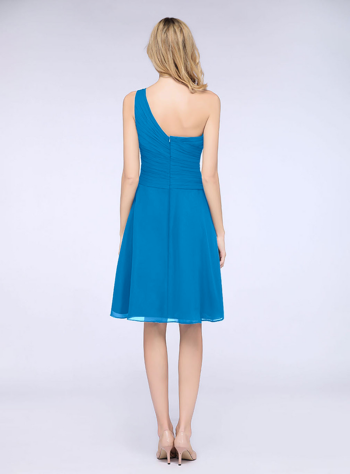 A-line One Shoulder Ruched Chiffon Knee-Length Dress-koscy