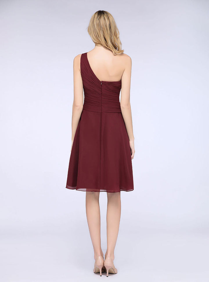 Koscy Chic One-Shoulder Short Burgundy Affordable Bridesmaid Dress with Ruffle