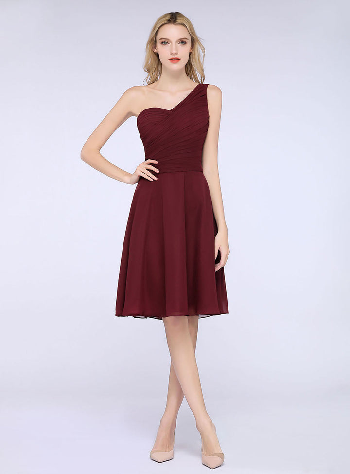 Koscy Chic One-Shoulder Short Burgundy Affordable Bridesmaid Dress with Ruffle