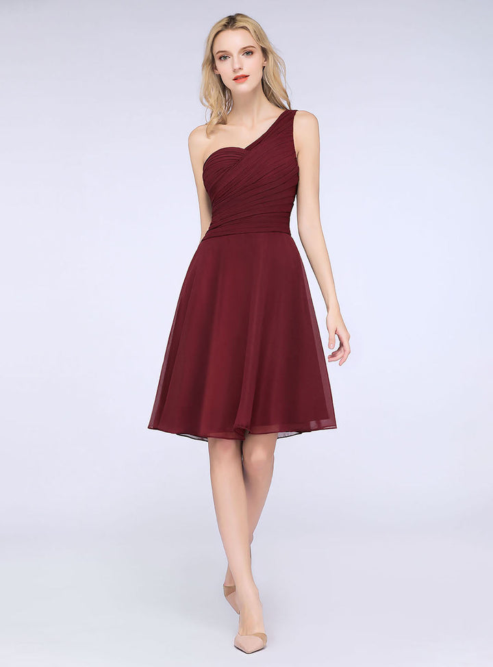 Koscy Chic One-Shoulder Short Burgundy Affordable Bridesmaid Dress with Ruffle