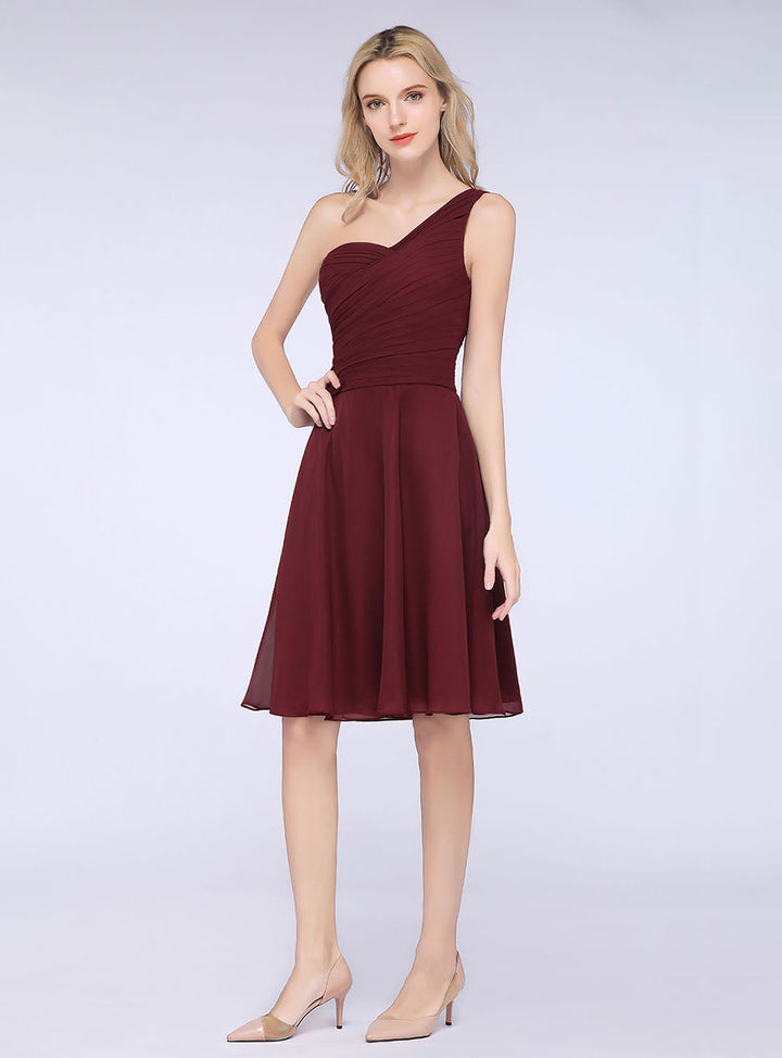 Koscy Chic One-Shoulder Short Burgundy Affordable Bridesmaid Dress with Ruffle