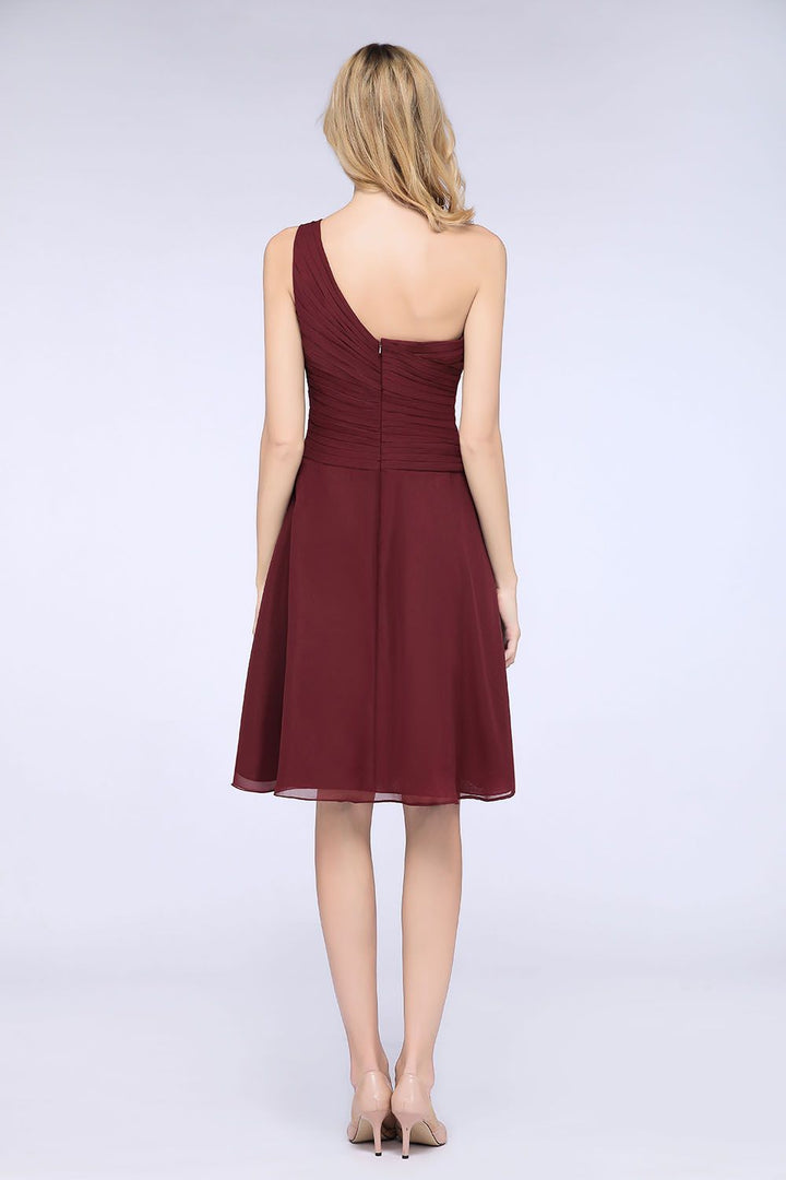 Koscy Chic One-Shoulder Short Burgundy Affordable Bridesmaid Dress with Ruffle