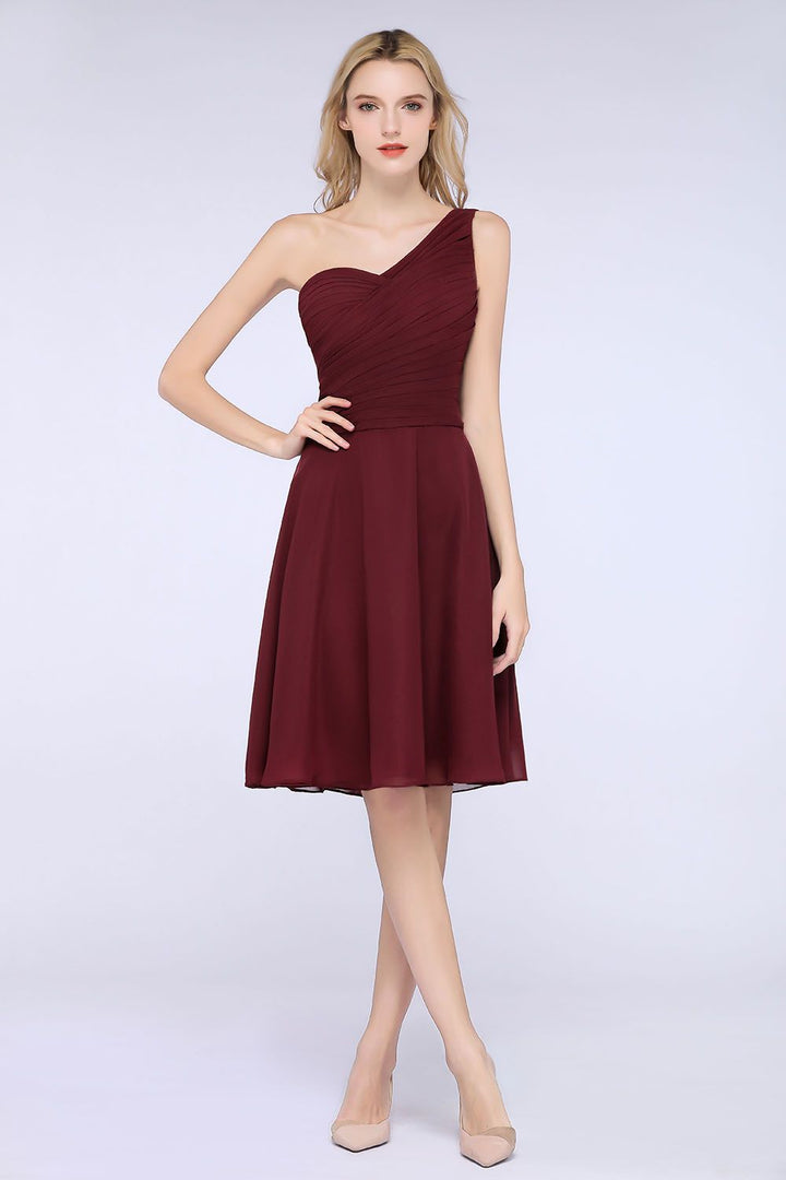 Koscy Chic One-Shoulder Short Burgundy Affordable Bridesmaid Dress with Ruffle