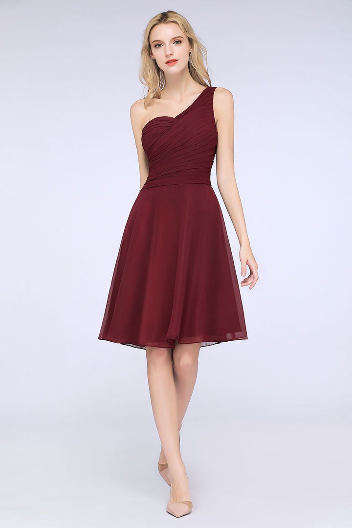 Koscy Chic One-Shoulder Short Burgundy Affordable Bridesmaid Dress with Ruffle