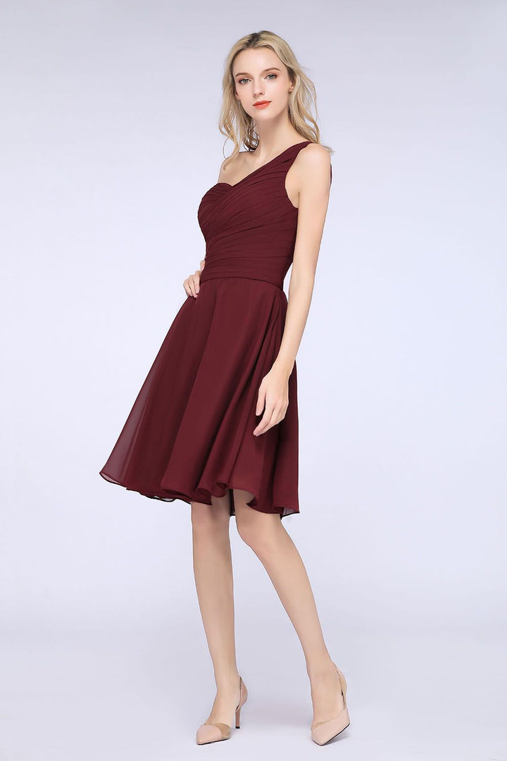 Koscy Chic One-Shoulder Short Burgundy Affordable Bridesmaid Dress with Ruffle