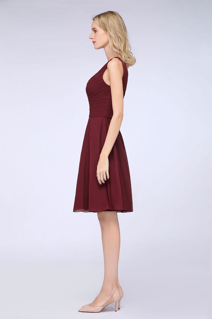 Koscy Chic One-Shoulder Short Burgundy Affordable Bridesmaid Dress with Ruffle