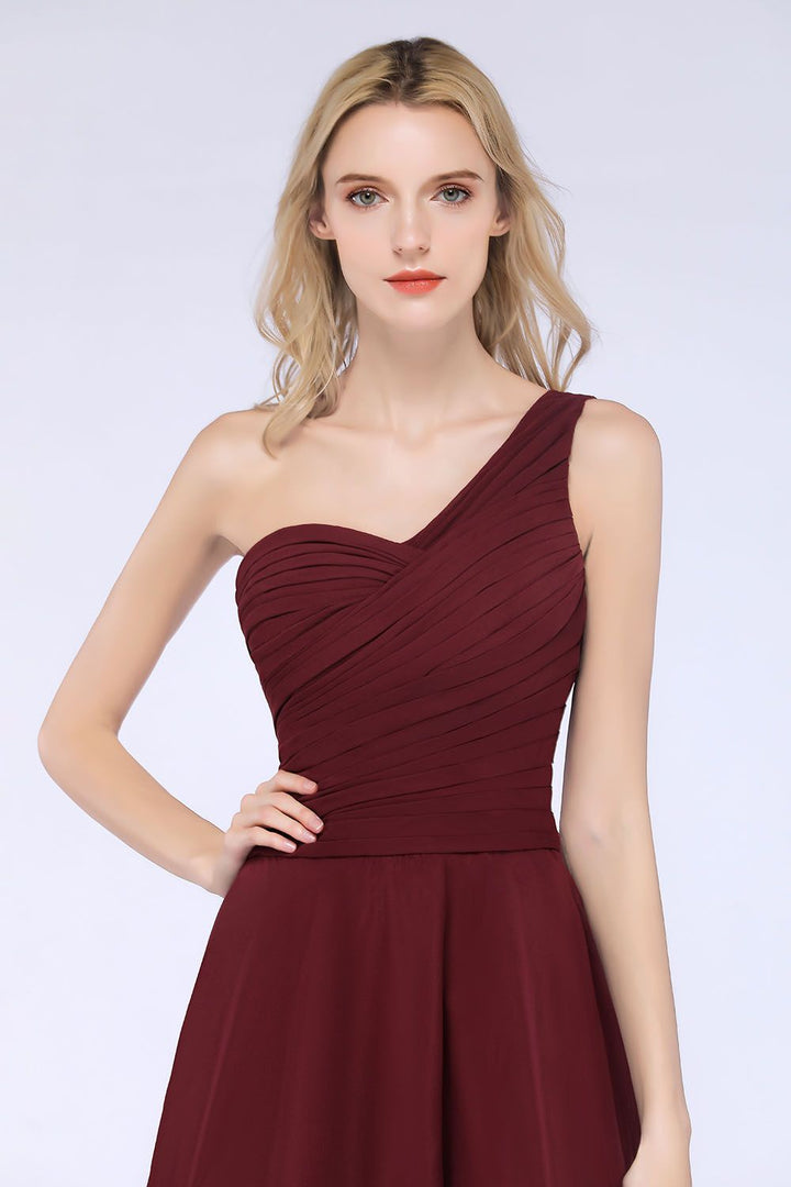 Koscy Chic One-Shoulder Short Burgundy Affordable Bridesmaid Dress with Ruffle