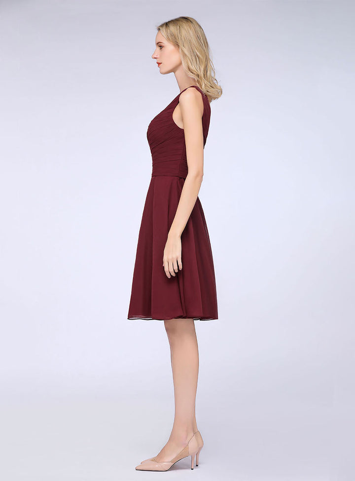 Koscy Chic One-Shoulder Short Burgundy Affordable Bridesmaid Dress with Ruffle