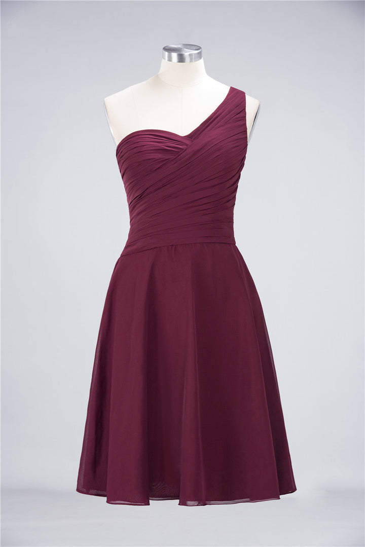 Koscy Chic One-Shoulder Short Burgundy Affordable Bridesmaid Dress with Ruffle