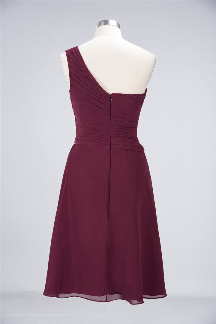 Koscy Chic One-Shoulder Short Burgundy Affordable Bridesmaid Dress with Ruffle