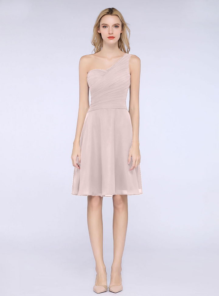 A-line One Shoulder Ruched Chiffon Knee-Length Dress-koscy