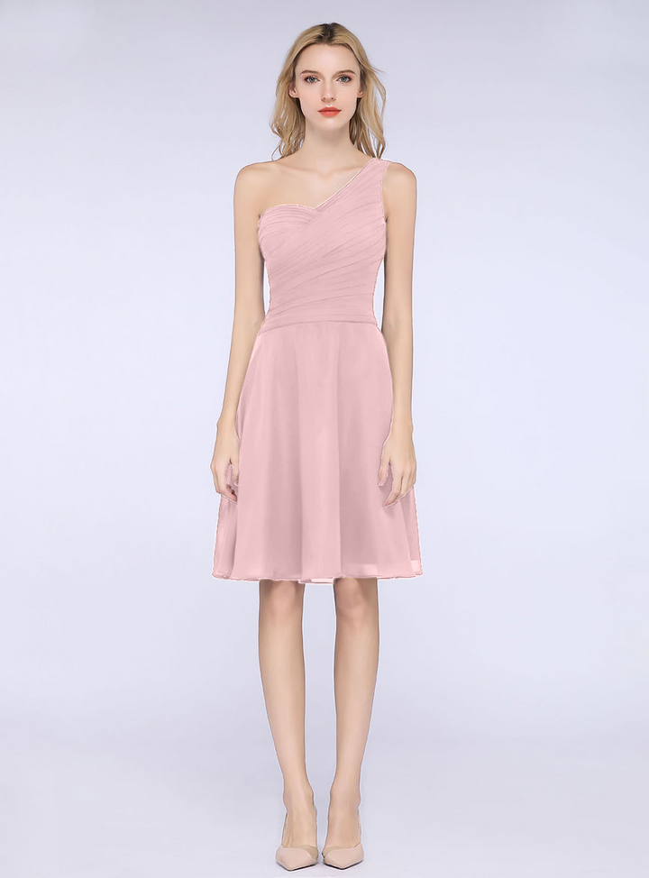 A-line One Shoulder Ruched Chiffon Knee-Length Dress-koscy