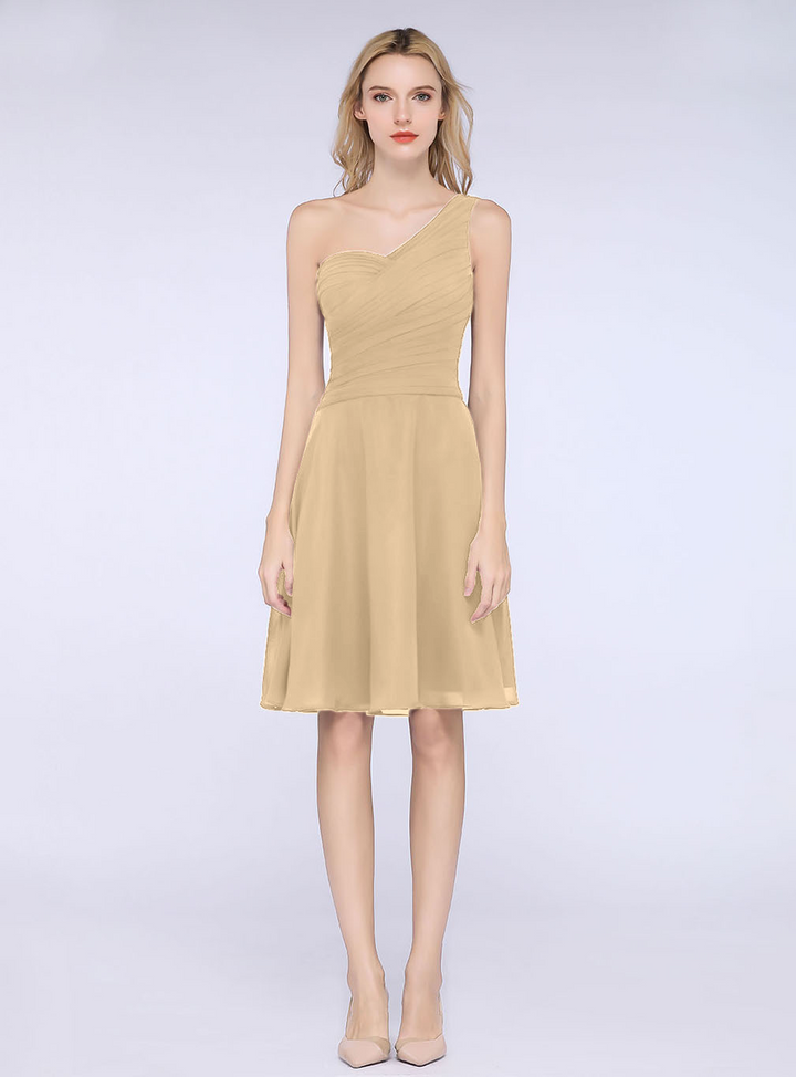 A-line One Shoulder Ruched Chiffon Knee-Length Dress-koscy