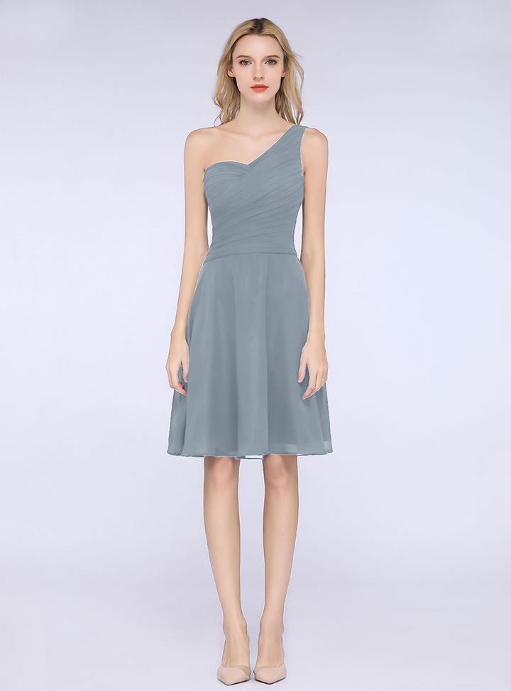 A-line One Shoulder Ruched Chiffon Knee-Length Dress-koscy