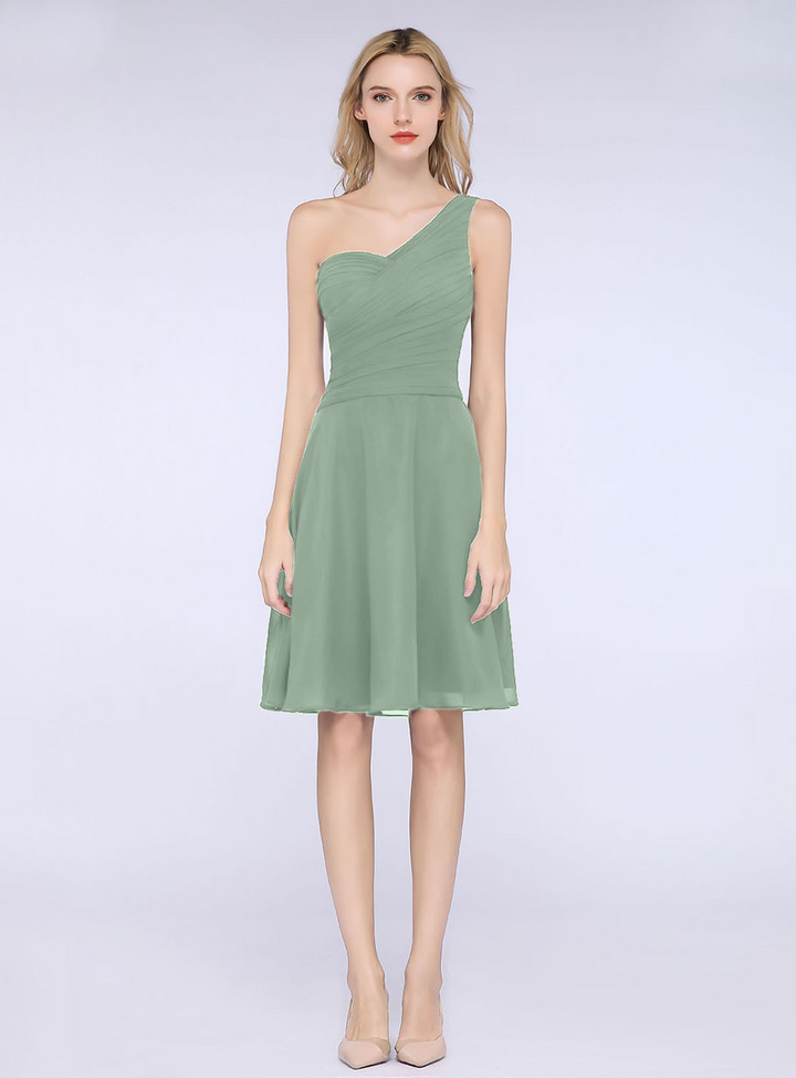 A-line One Shoulder Ruched Chiffon Knee-Length Dress-koscy