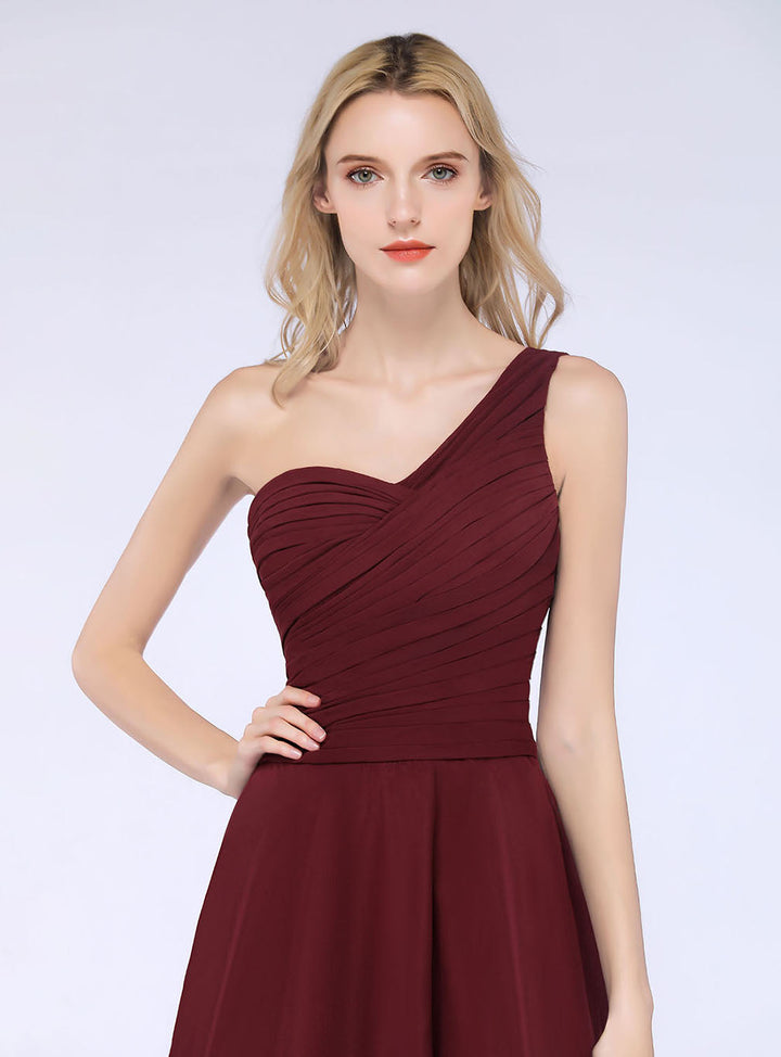 Koscy Chic One-Shoulder Short Burgundy Affordable Bridesmaid Dress with Ruffle