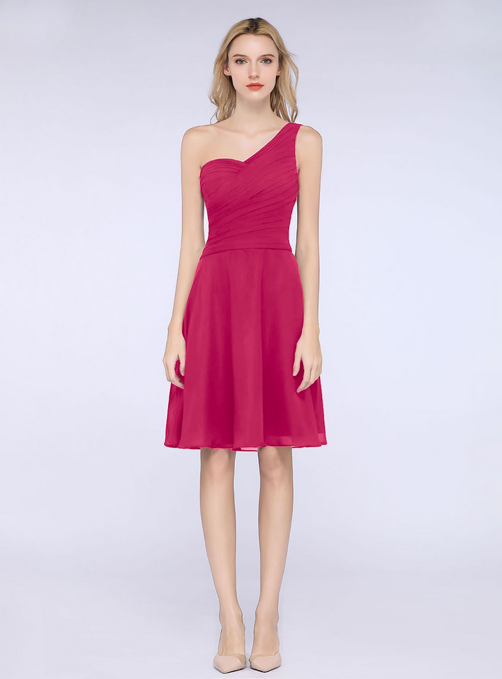 A-line One Shoulder Ruched Chiffon Knee-Length Dress-koscy