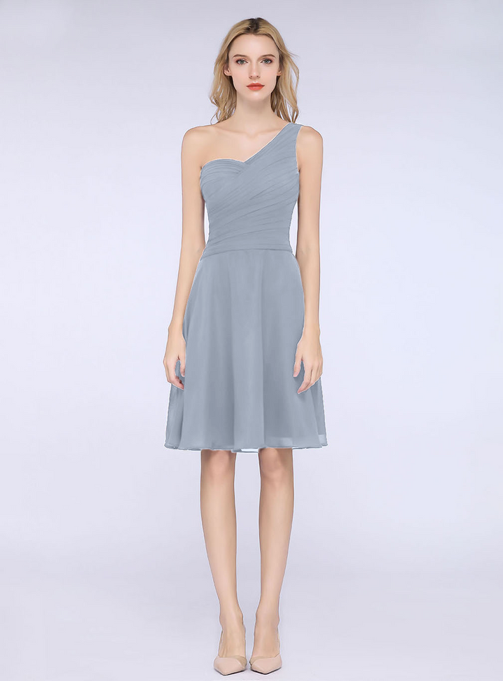 A-line One Shoulder Ruched Chiffon Knee-Length Dress-koscy