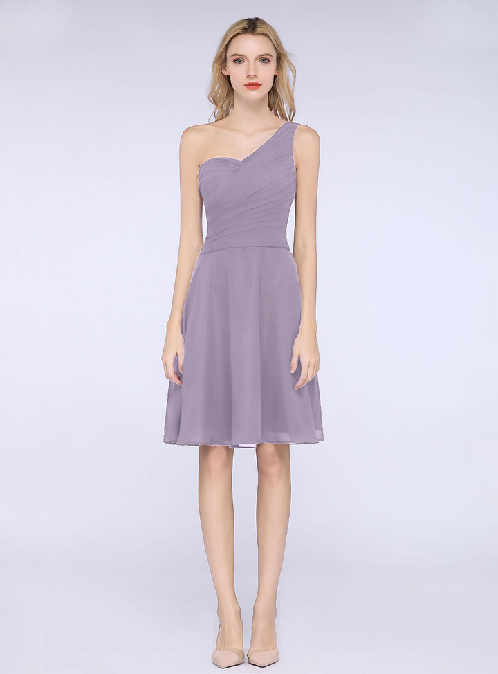 A-line One Shoulder Ruched Chiffon Knee-Length Dress-koscy