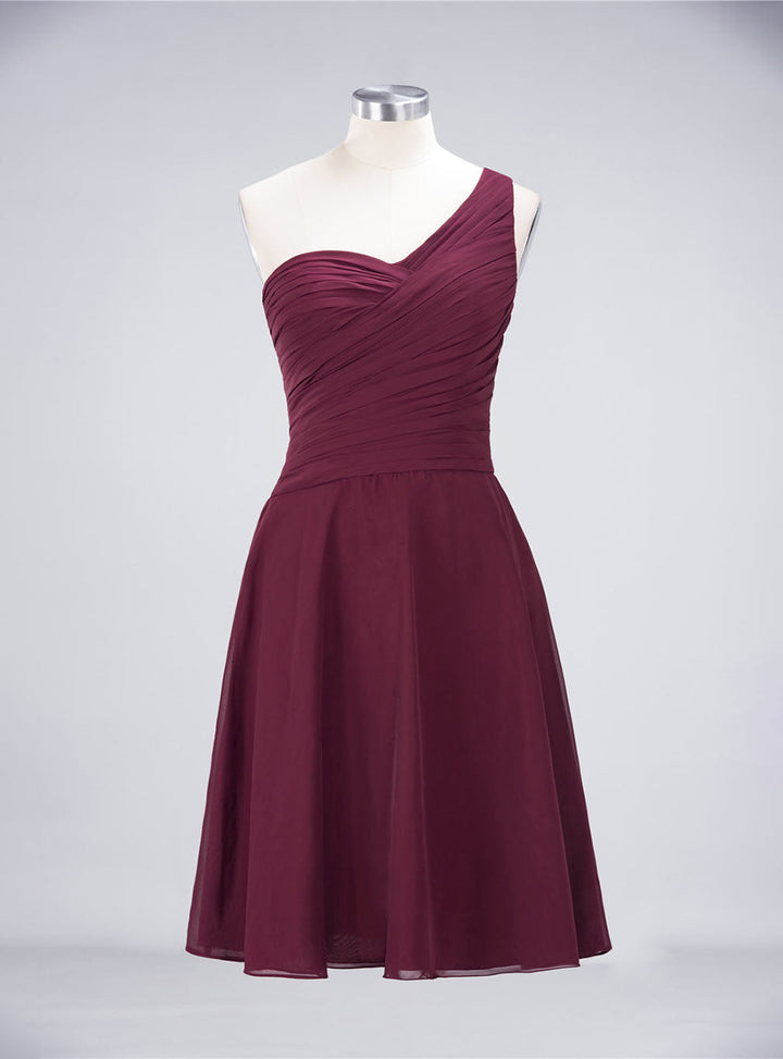 Koscy Chic One-Shoulder Short Burgundy Affordable Bridesmaid Dress with Ruffle