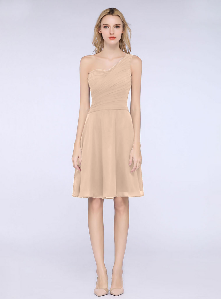 A-line One Shoulder Ruched Chiffon Knee-Length Dress-koscy