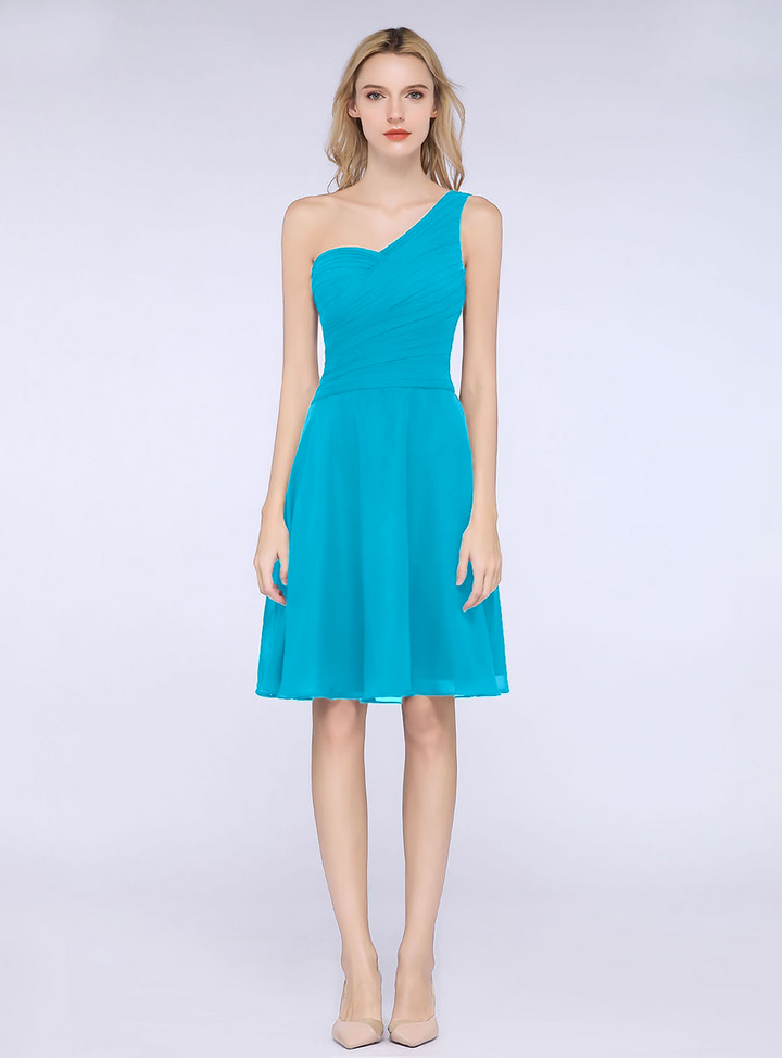 A-line One Shoulder Ruched Chiffon Knee-Length Dress-koscy