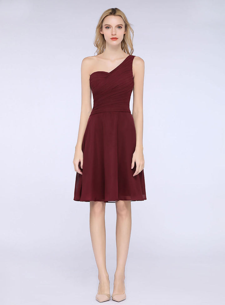 Koscy Chic One-Shoulder Short Burgundy Affordable Bridesmaid Dress with Ruffle