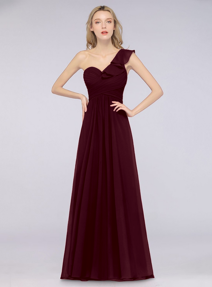 A-line One Shoulder Ruffle Chiffon Floor-Length Dress Burgundy-koscy