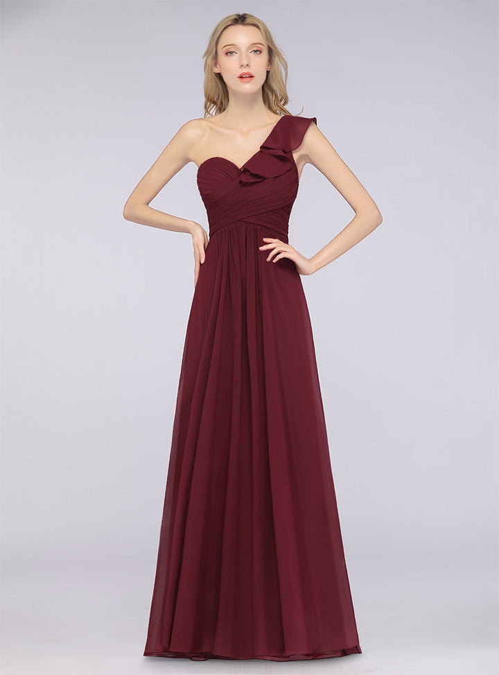 A-line One Shoulder Ruffle Chiffon Floor-Length Dress Burgundy-koscy