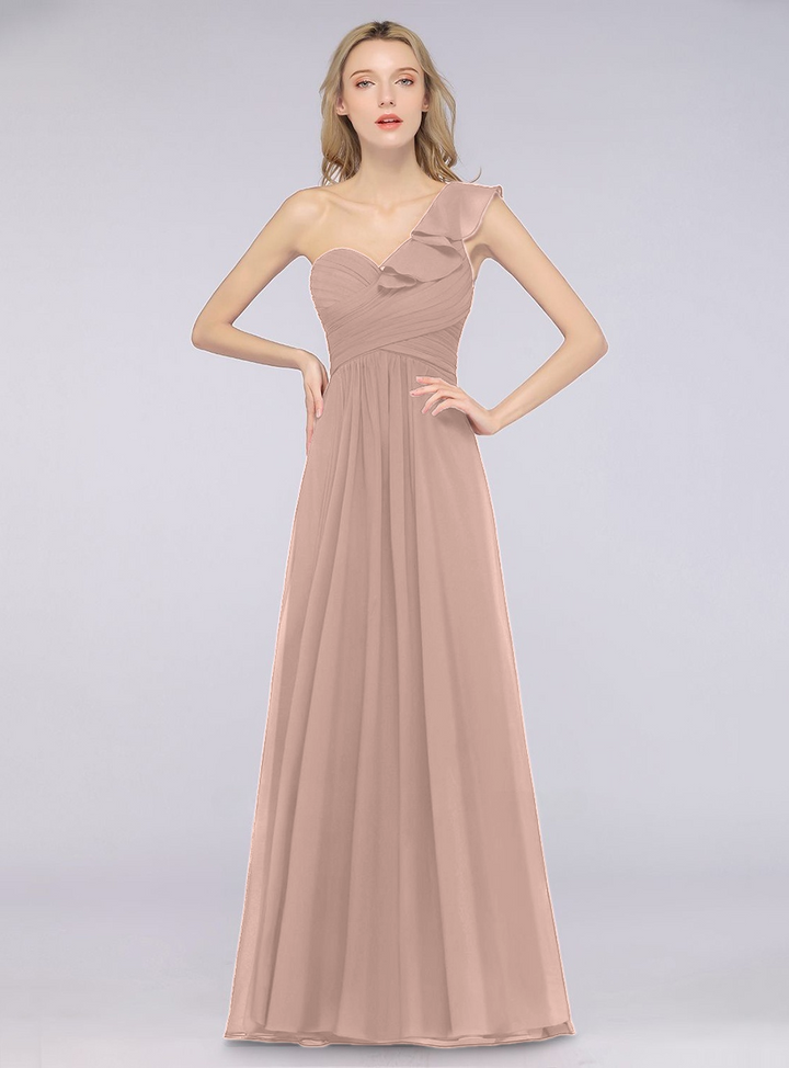 A-line One Shoulder Ruffle Chiffon Floor-Length Dress Burgundy-koscy