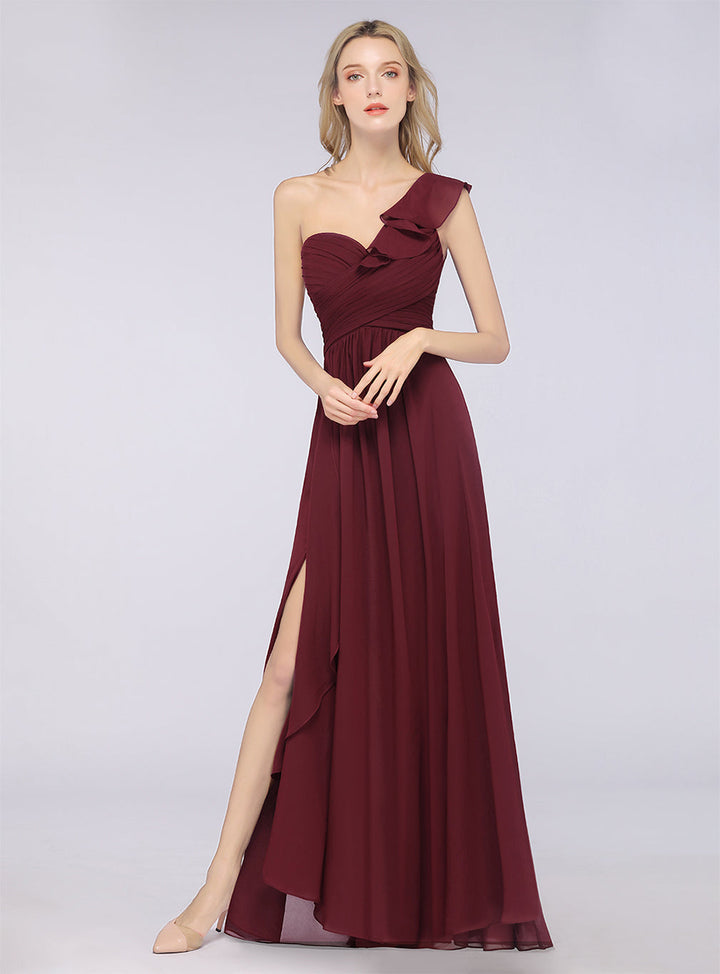 A-line One Shoulder Ruffle Chiffon Floor-Length Dress Burgundy-koscy