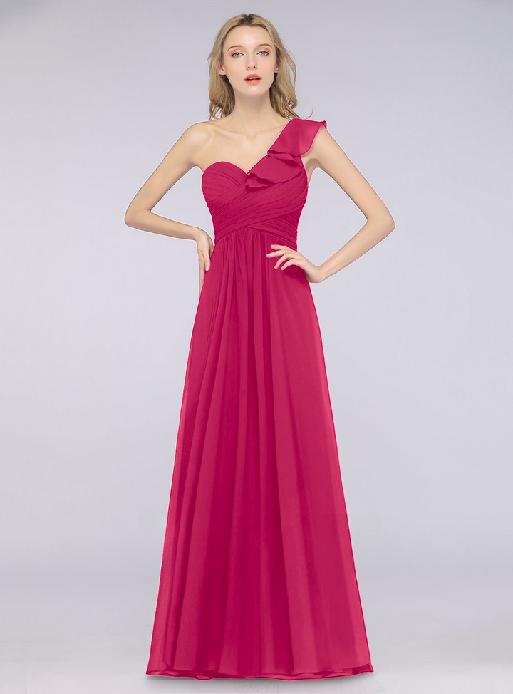 A-line One Shoulder Ruffle Chiffon Floor-Length Dress Burgundy-koscy