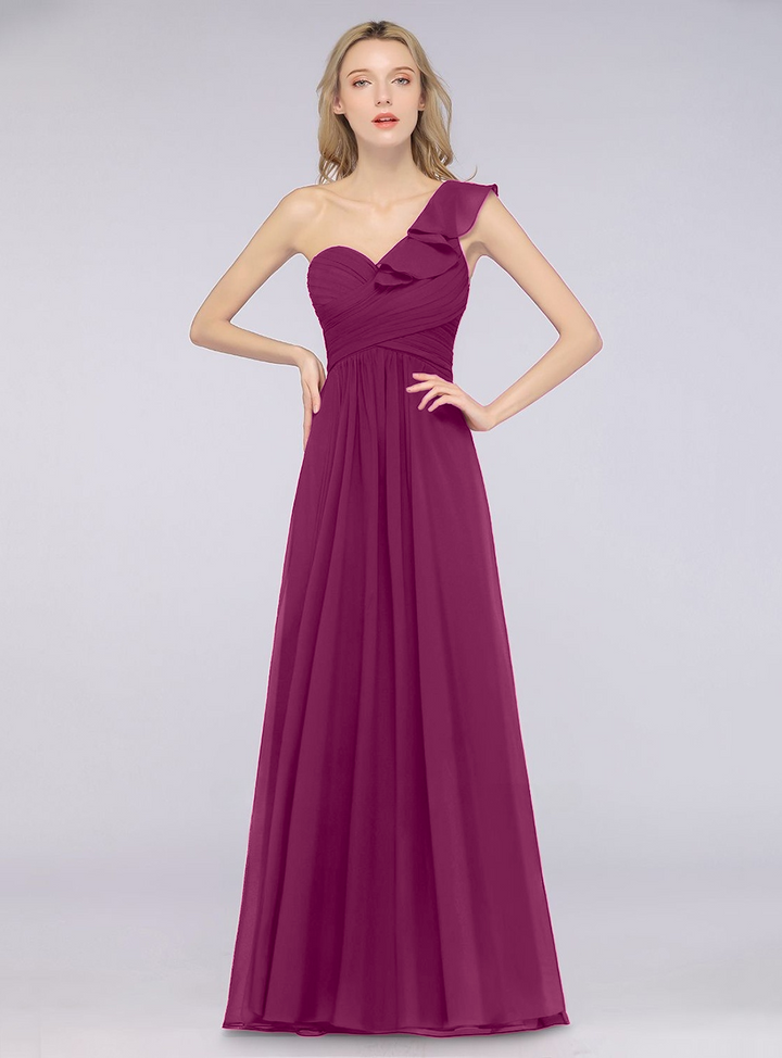 A-line One Shoulder Ruffle Chiffon Floor-Length Dress Burgundy-koscy