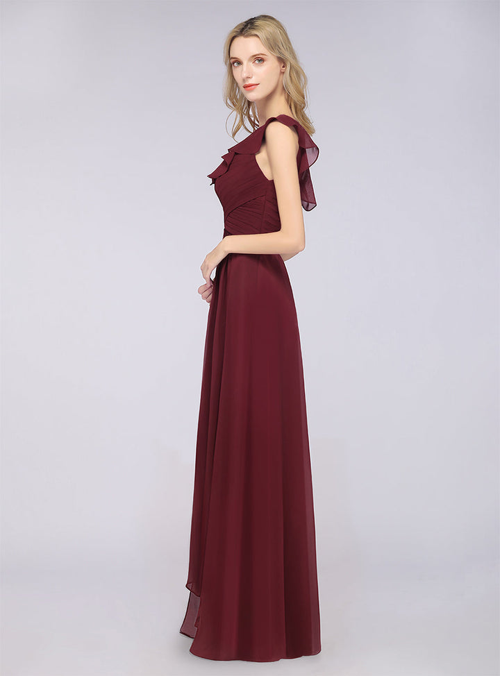 A-line One Shoulder Ruffle Chiffon Floor-Length Dress Burgundy-koscy