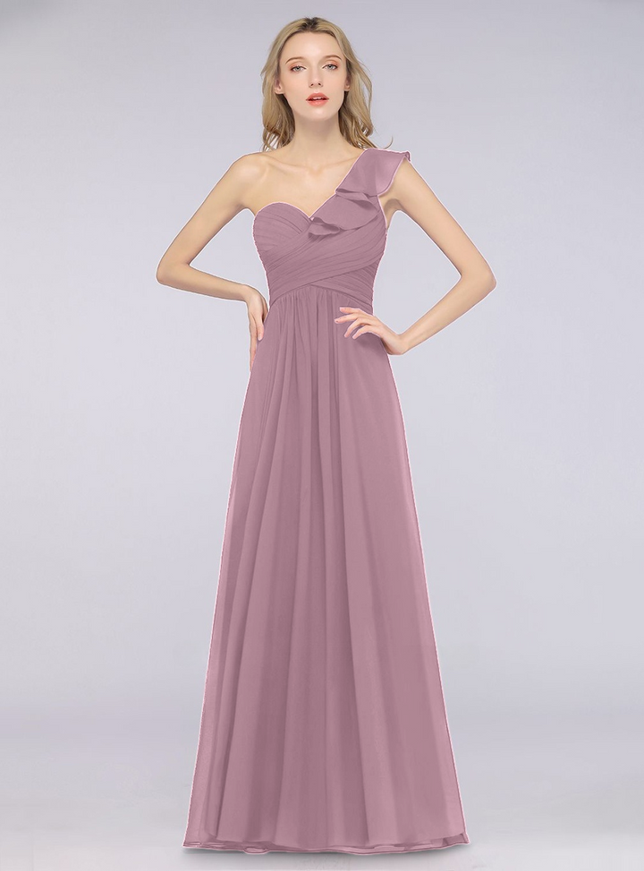 A-line One Shoulder Ruffle Chiffon Floor-Length Dress Burgundy-koscy