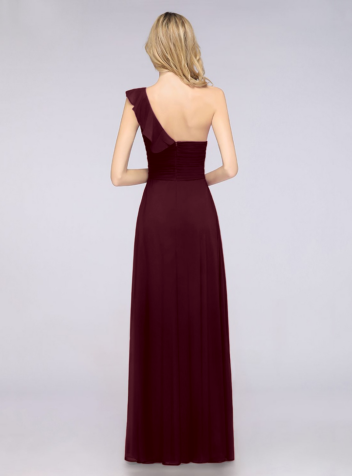 A-line One Shoulder Ruffle Chiffon Floor-Length Dress Burgundy-koscy