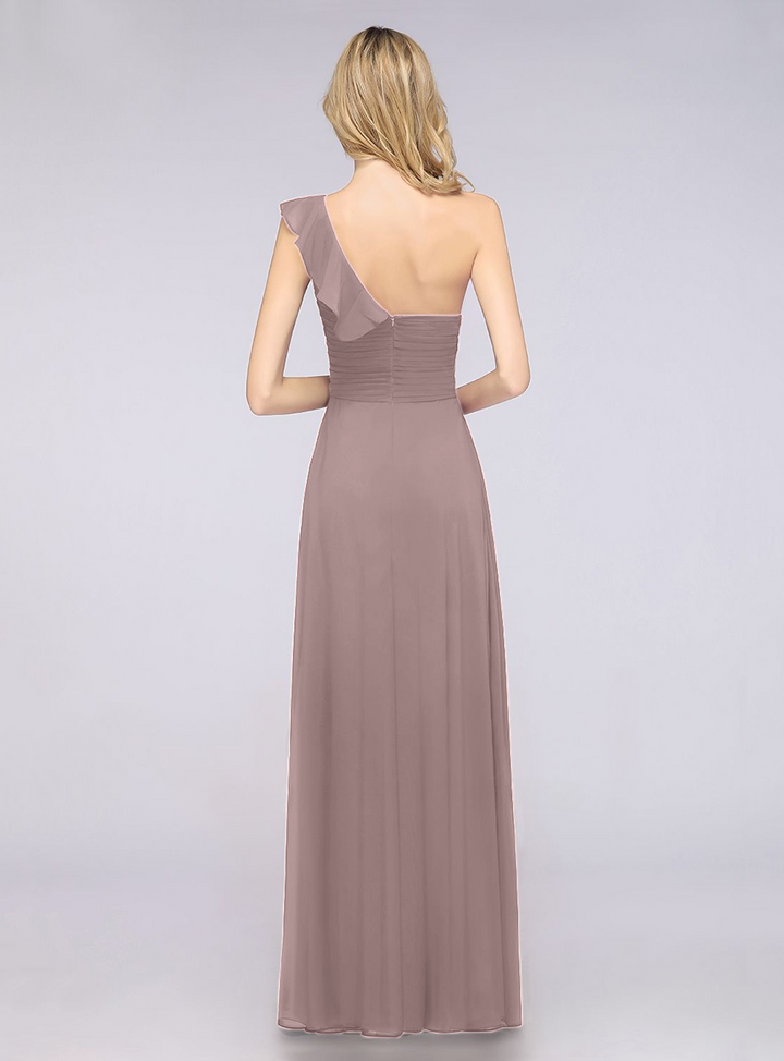 A-line One Shoulder Ruffle Chiffon Floor-Length Dress Burgundy-koscy