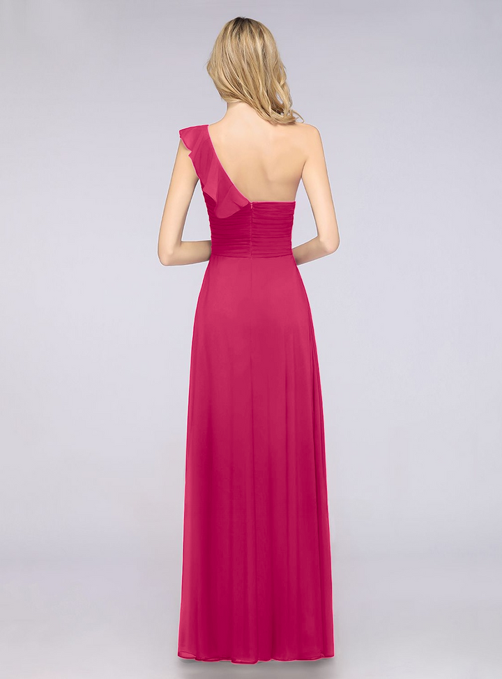 A-line One Shoulder Ruffle Chiffon Floor-Length Dress Burgundy-koscy