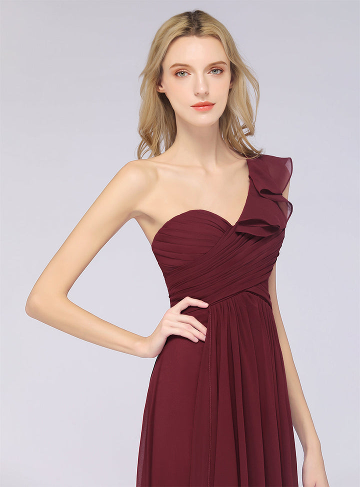 A-line One Shoulder Ruffle Chiffon Floor-Length Dress Burgundy-koscy