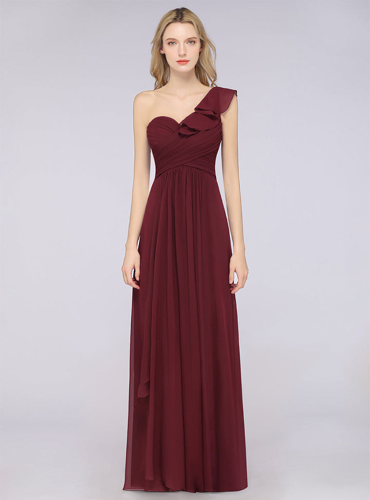 A-line One Shoulder Ruffle Chiffon Floor-Length Dress Burgundy-koscy