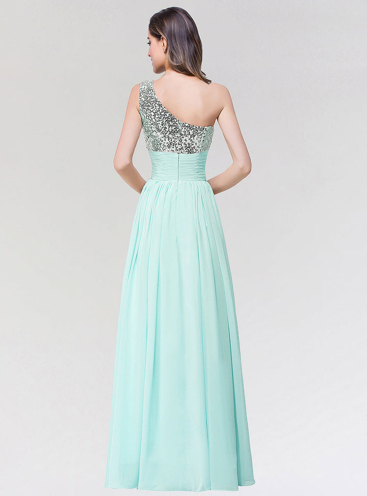 Koscy Sparkly One-shoulder Ruffle Long Bridesmaid Dresses with Sequined Top