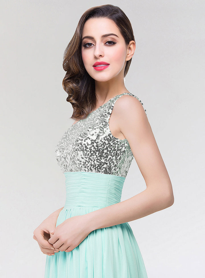 Koscy Sparkly One-shoulder Ruffle Long Bridesmaid Dresses with Sequined Top