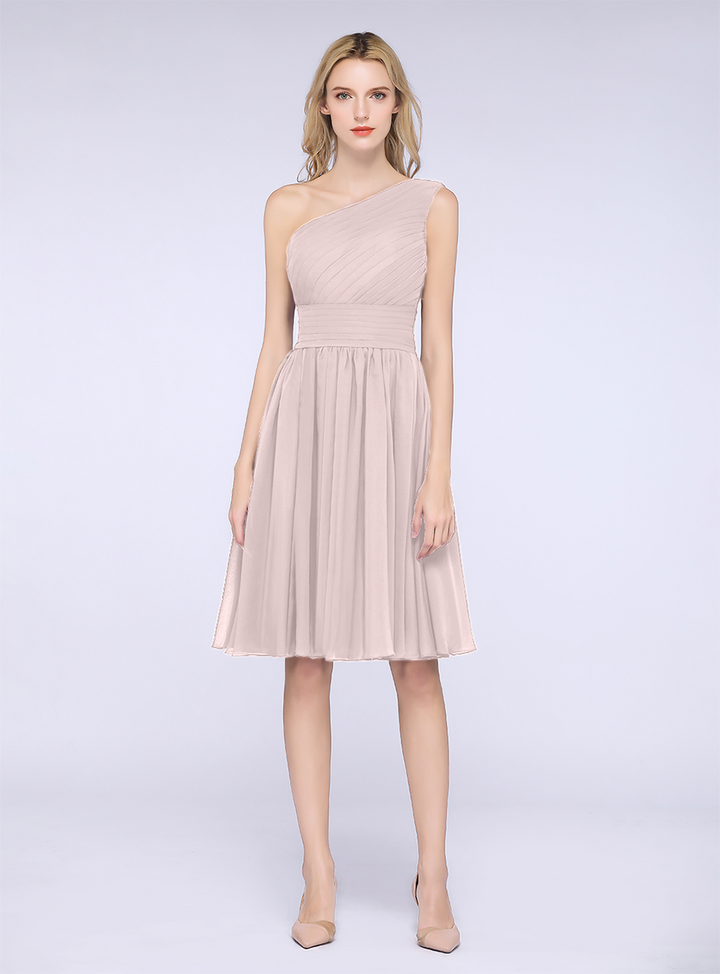 A-line One Shoulder Ruffle Chiffon Knee-Length Dress-koscy