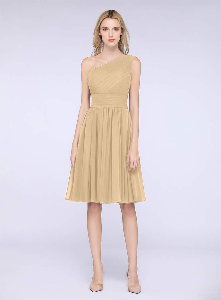 A-line One Shoulder Ruffle Chiffon Knee-Length Dress-koscy