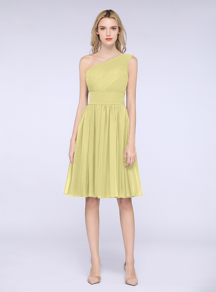 A-line One Shoulder Ruffle Chiffon Knee-Length Dress-koscy