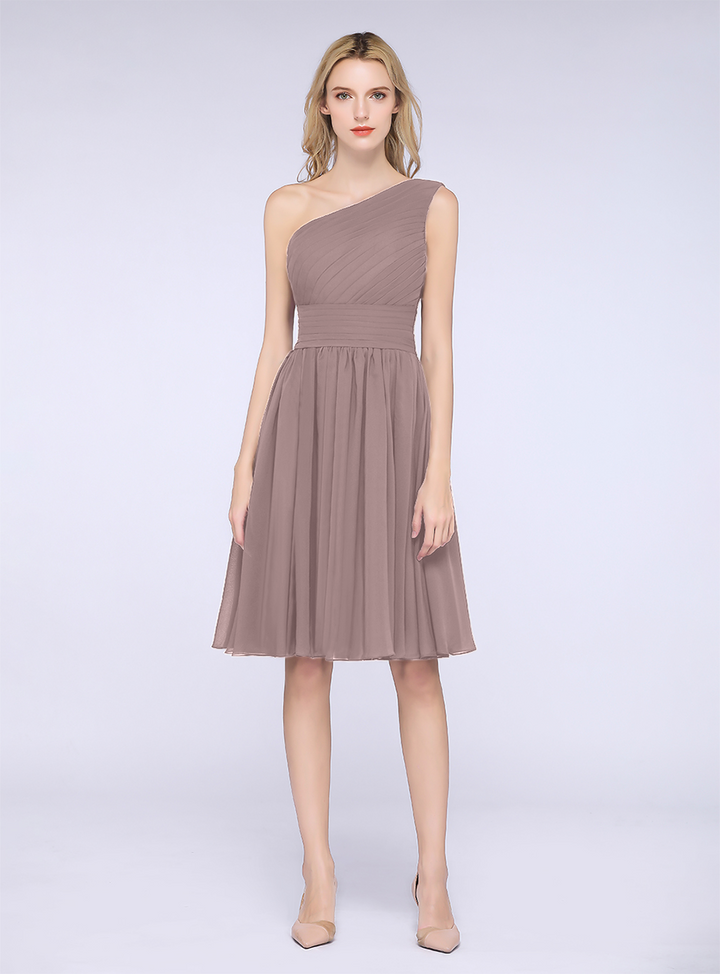 A-line One Shoulder Ruffle Chiffon Knee-Length Dress-koscy