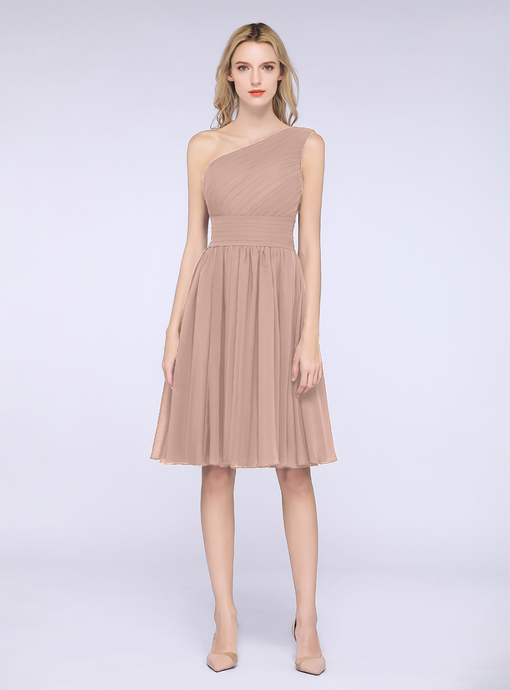 A-line One Shoulder Ruffle Chiffon Knee-Length Dress-koscy