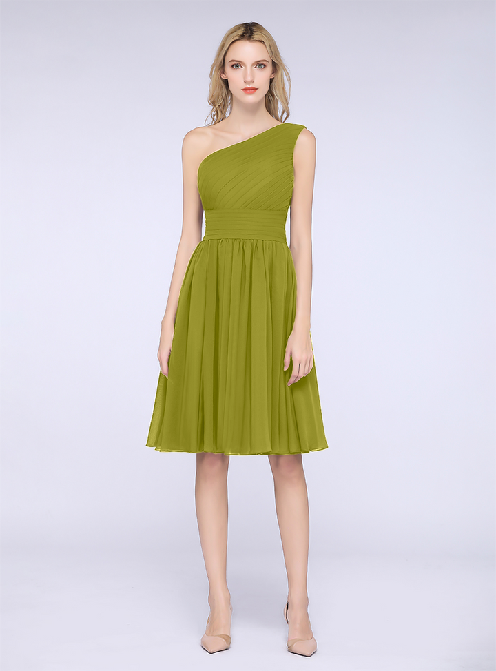 A-line One Shoulder Ruffle Chiffon Knee-Length Dress-koscy