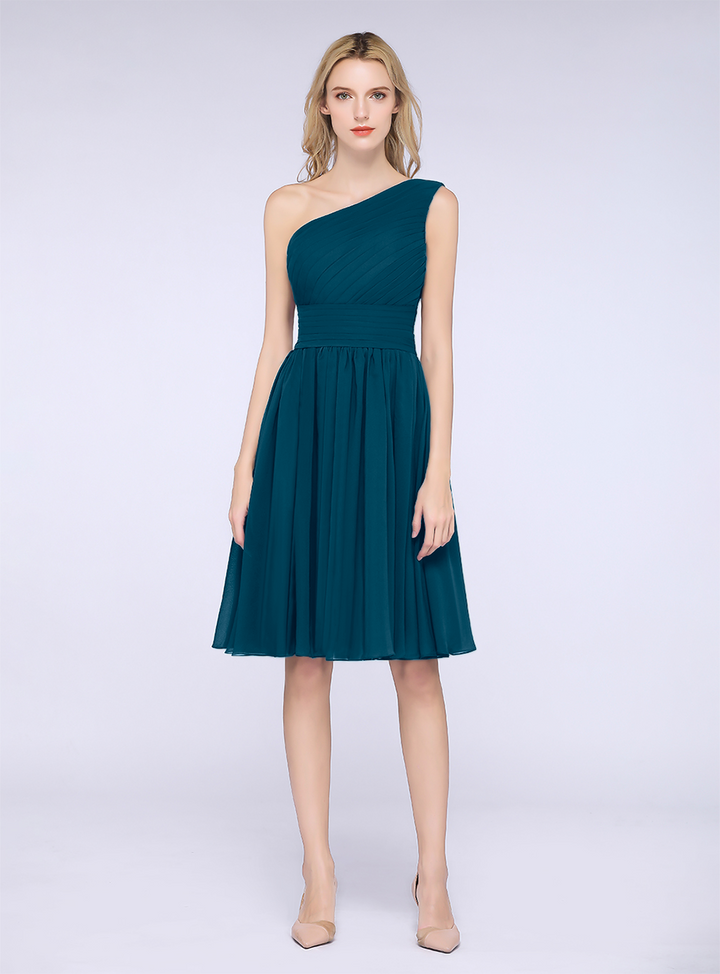 A-line One Shoulder Ruffle Chiffon Knee-Length Dress-koscy